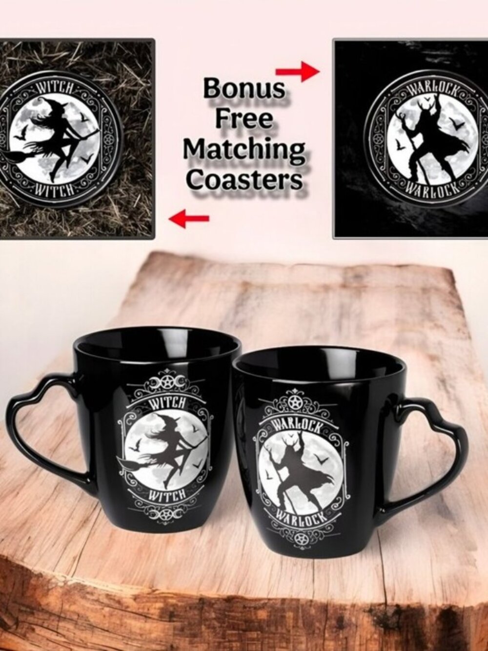 Alchemy Gothic Witch & Warlock Mug Set Coaster Black Goth Moon Bat Wicca NWT OS